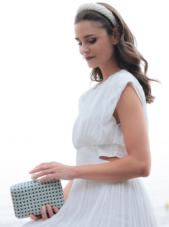 Blue Woven Clutch with Chain
