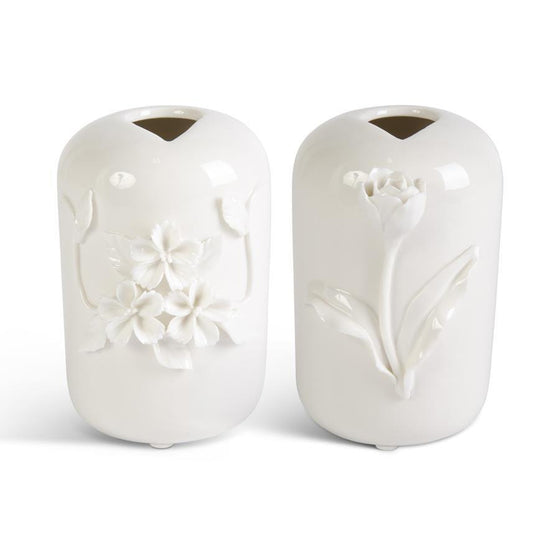 White Ceramic Vase w/ Raised Flowers
