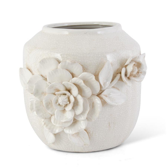 10" Cream Ceramic Crackled Vase w/ Roses