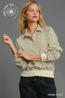  Henley Style Striped Sweatshirt Cream and Black