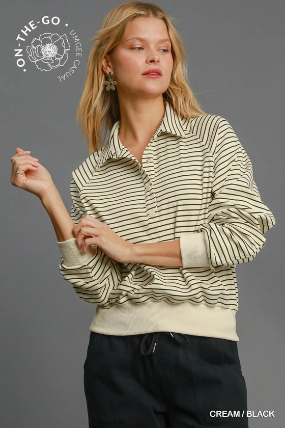 Henley Style Striped Sweatshirt Cream and Black