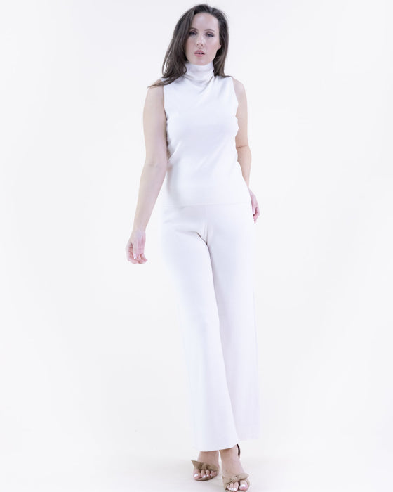 Creamy White Sleeveless Turtleneck  and Knit Pant Set