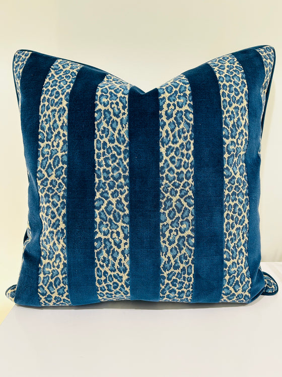 Guepard Blue Needlepoint and Velvet Pillow