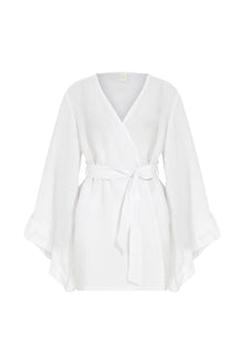  Ivy Short White Linen Robe w/ Ruffles
