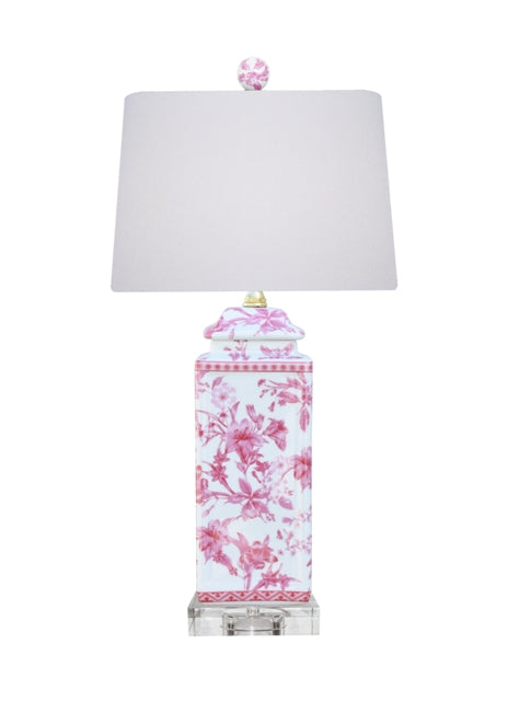 Pink Porcelain Square Jar Lamp w/ Crystal Base