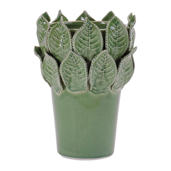 Green Vase with Leaves