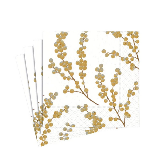 White & Gold Berry Branches Cocktail Napkin