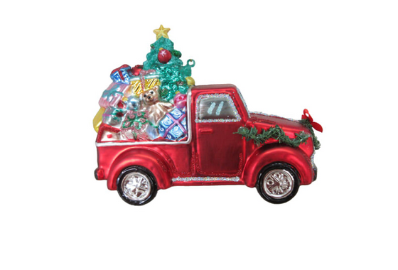 Red Truck With Presents Glass Ornament