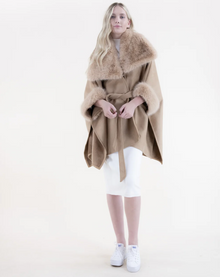  Tan Suede Belted Cape With Vegan Fur Collar