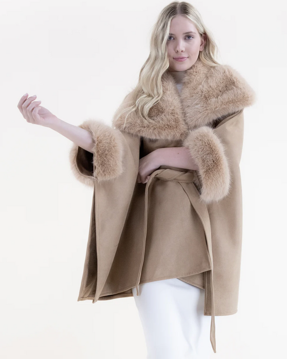 Tan Suede Belted Cape With Vegan Fur Collar