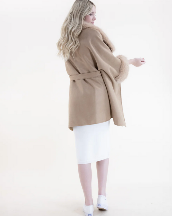 Tan Suede Belted Cape With Vegan Fur Collar