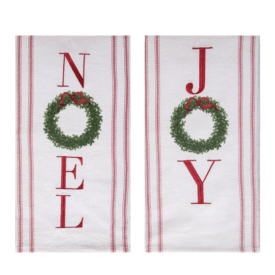 Embroidered Wreath Tea Towel Noel or Joy