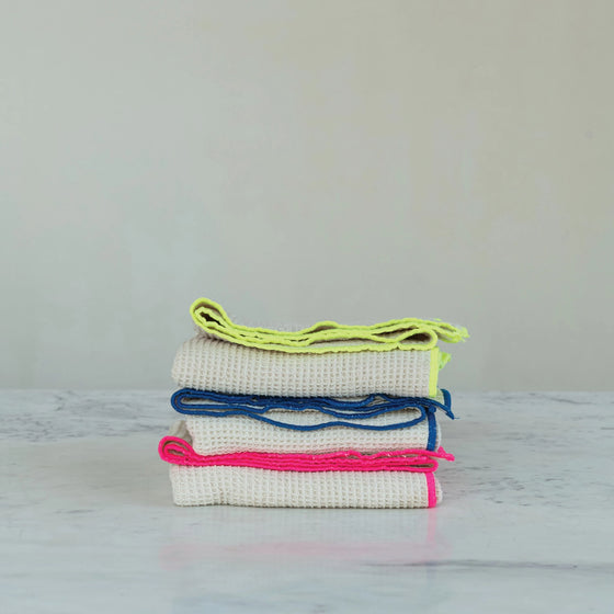 Cotton Blend Waffle Weave Tea Towel w/ Neon Trim