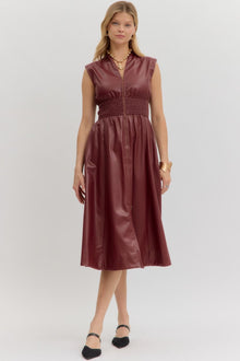 Faux Leather Sleeveless Midi Dress Burgundy