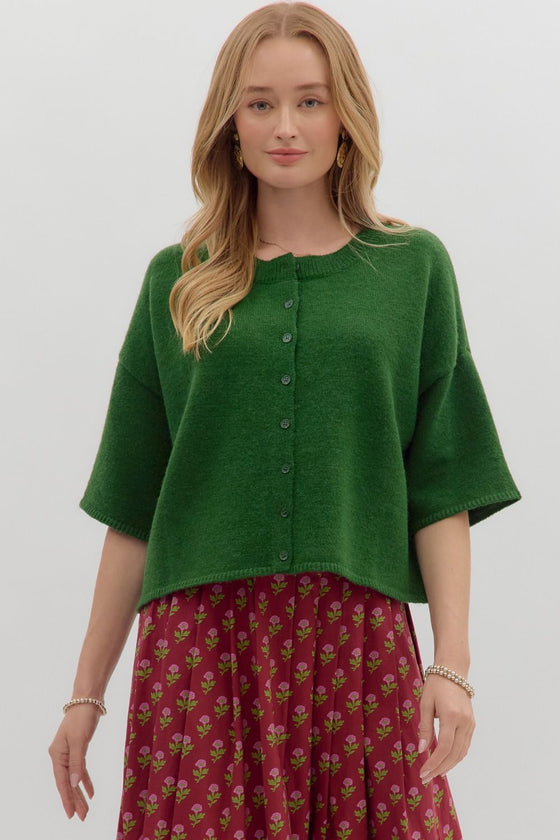 Green 3/4 Sleeve Sweater Button Front