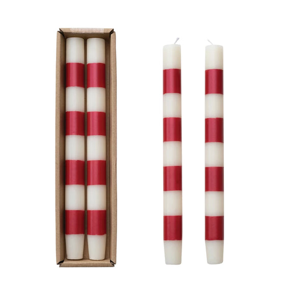 Ivory & Red Stripe Taper Candles