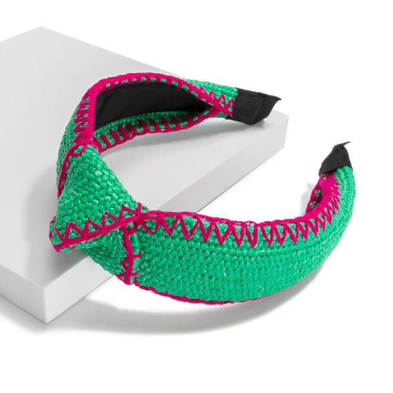 Green Straw Headband With Pink Trim