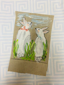  Hand-Painted Double Bunnies Oat Linen Towel