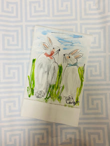  Hand-Painted Double Bunnies White Linen Towel