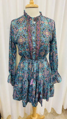  Turquoise Print Button Down Dress